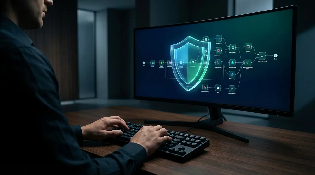 امنیت داده n8n با یک لایه محافظ دیجیتال روی مانیتور