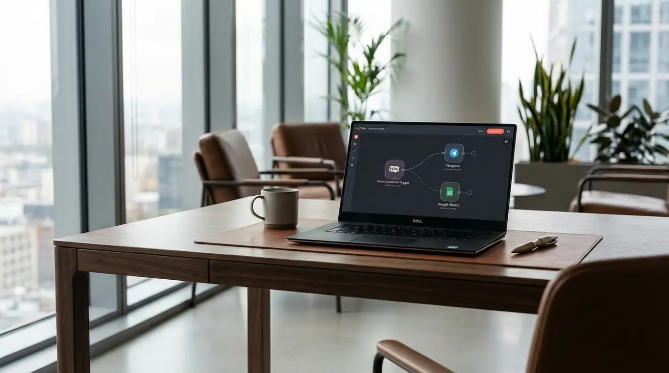 اتصال ووکامرس به n8n روی صفحه لپ‌تاپ که نمودار اتوماسیون را نشان می‌دهد.