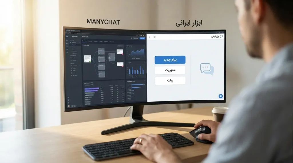 مقایسه رابط کاربری ManyChat با ابزار چت‌بات ایرانی